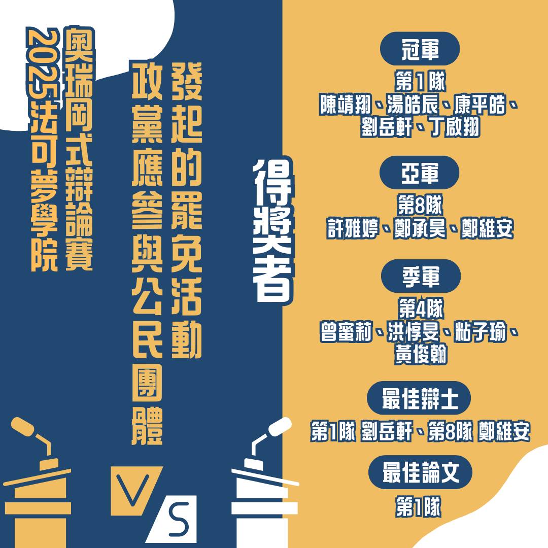 2025 法可夢學院奧瑞岡式辯論賽 得獎名單